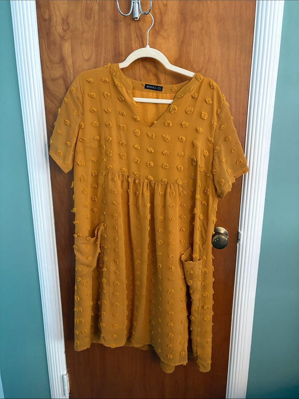 Mustard Pom-Texture Casual Dress with Pockets